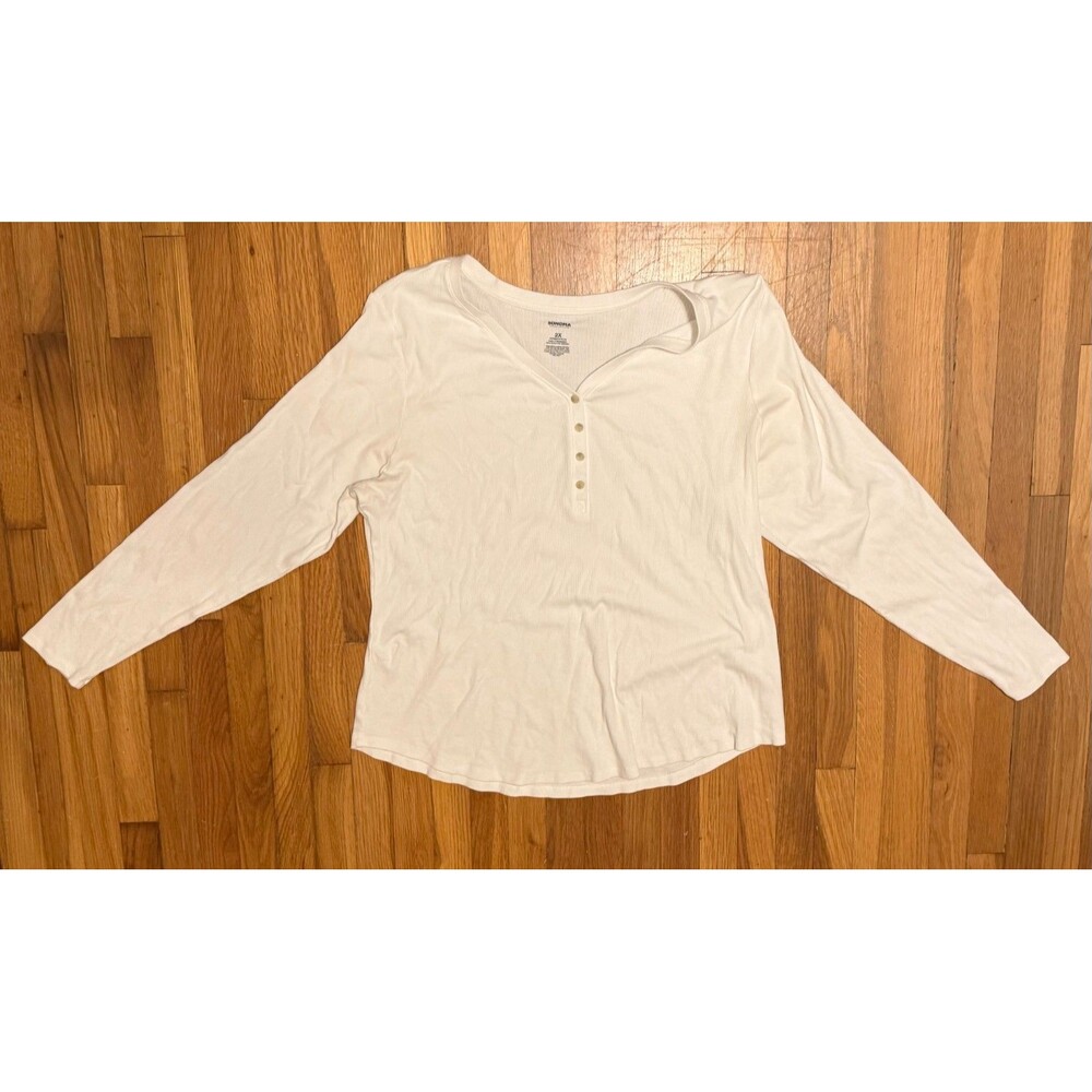 Sonoma Goods For Life Women 2X White Ribbed Long Sleeve Henley Shirt Pullover